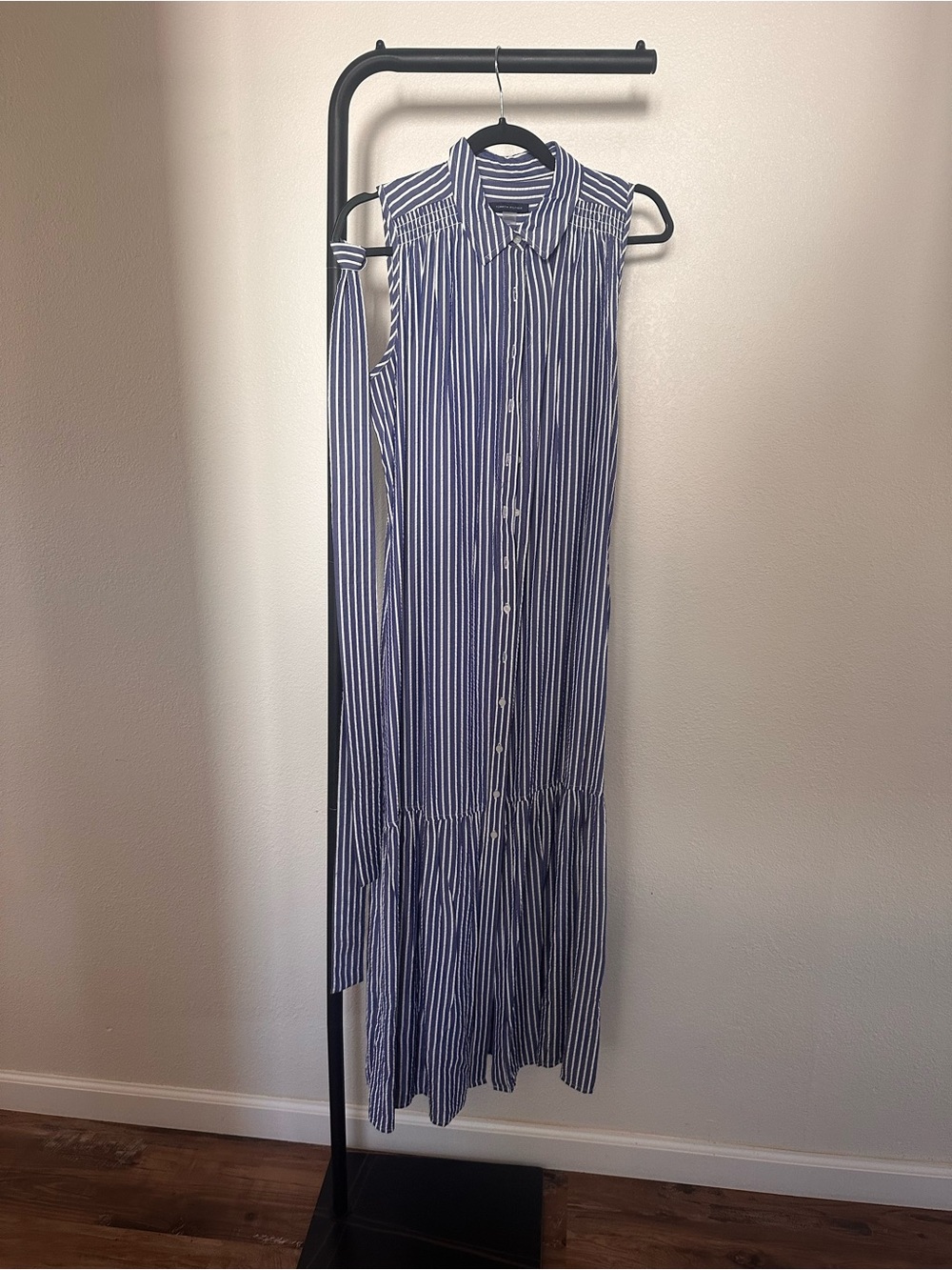 Tommy Hilfiger Navy and White Sleeveless Striped Maxi Shirt Dress